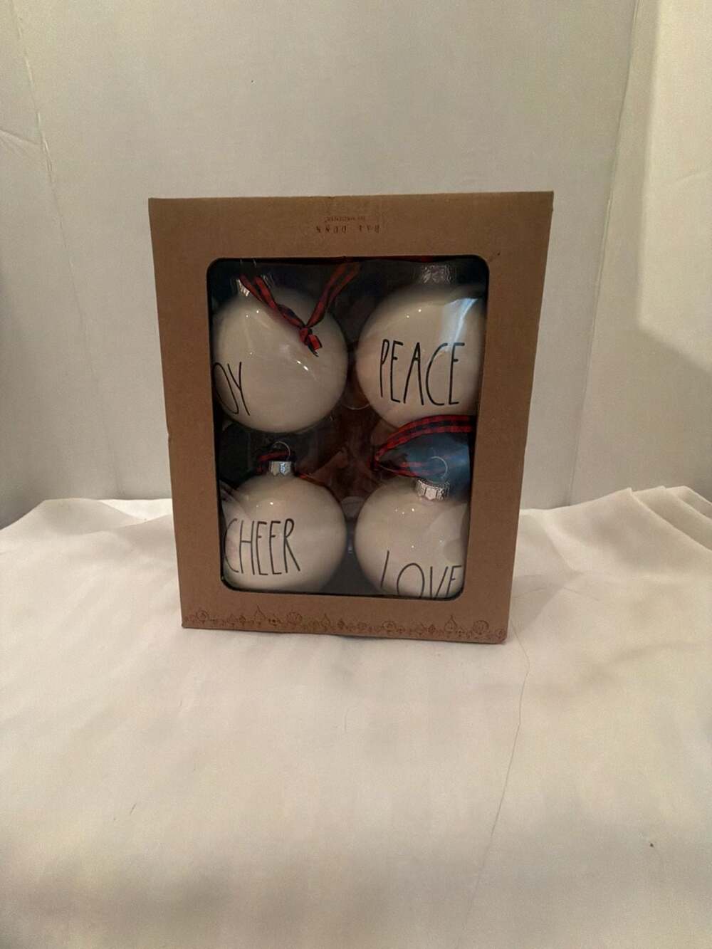 Rae Dunn by Magenta Ceramic Christmas Ball Ornaments Set of 4 Joy Peace Cheer